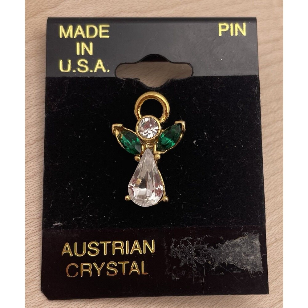 Vintage Christmas Angel Brooch Green Clear Austrian Crystal Lapel Pin